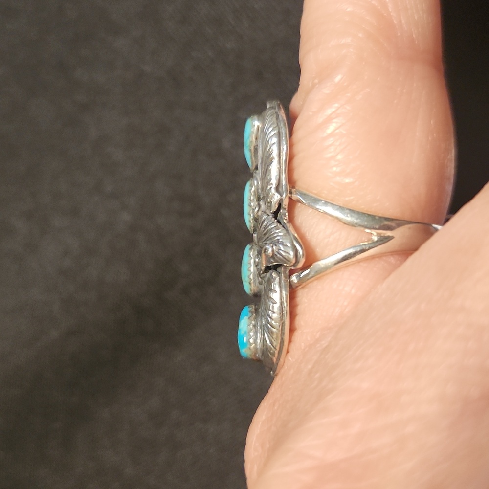 Turquoise Stone Silver Leaf Ring - Blue Accent Women’s Ring - Picture 2 of 5